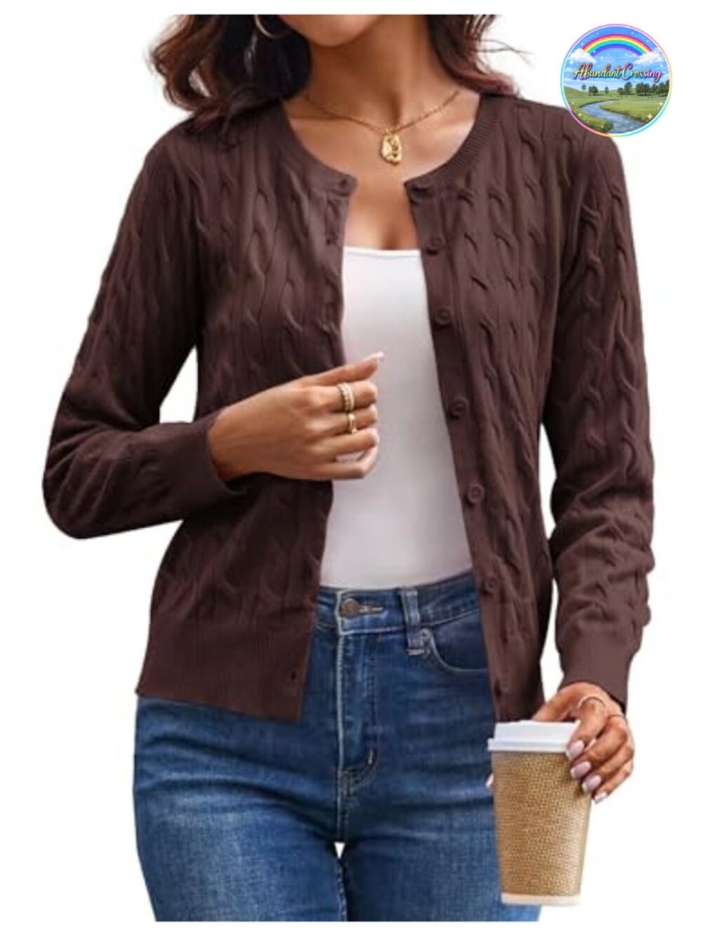 Cable Knit Button Up Cardigan Cropped Lightweight Fall Layer